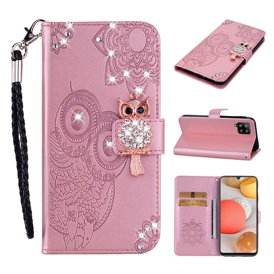 Rhinestone Decoration Imprint Owl Leather Shell Wallet Stand Phone Cover for Samsung Galaxy A42 5G