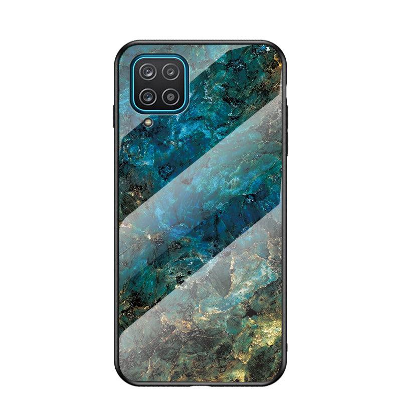 For Samsung Galaxy A12 Tempered Glass + PC + TPU Cell Phone Case Marble Patter Design Scratch Resistant Cover