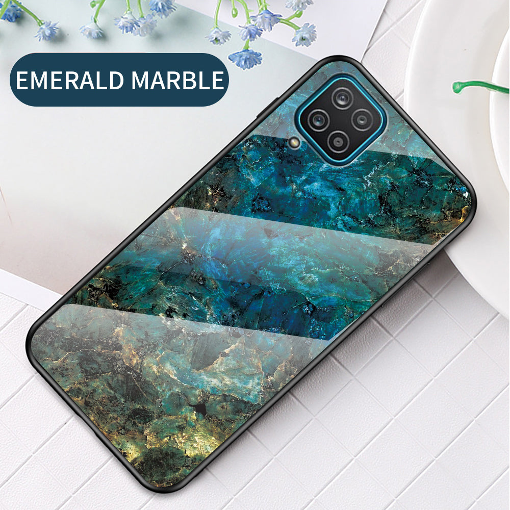 For Samsung Galaxy A12 Tempered Glass + PC + TPU Cell Phone Case Marble Patter Design Scratch Resistant Cover