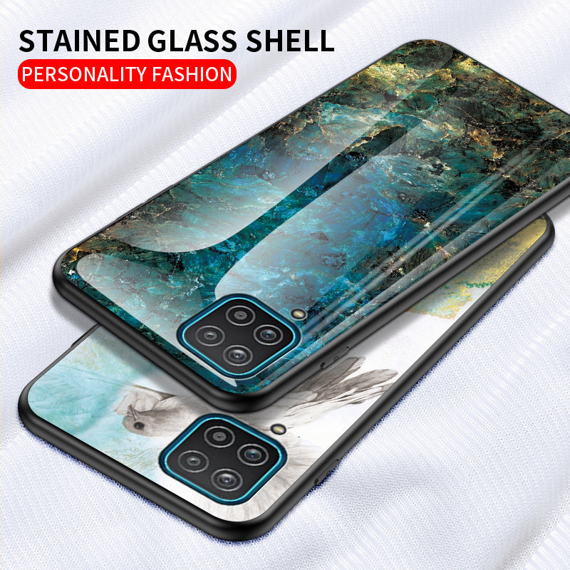 For Samsung Galaxy A12 Tempered Glass + PC + TPU Cell Phone Case Marble Patter Design Scratch Resistant Cover