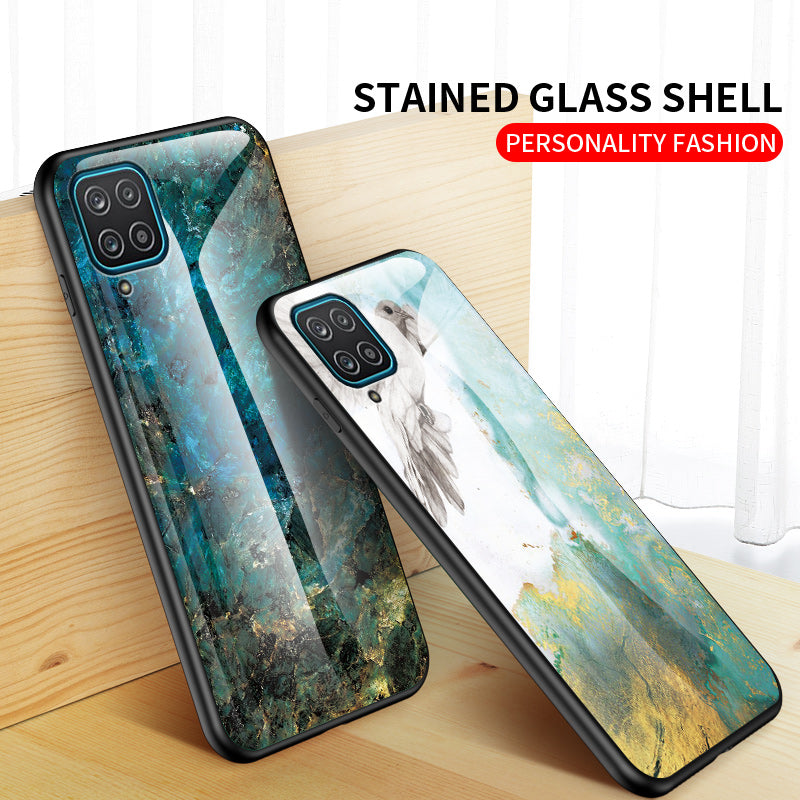 For Samsung Galaxy A12 Tempered Glass + PC + TPU Cell Phone Case Marble Patter Design Scratch Resistant Cover