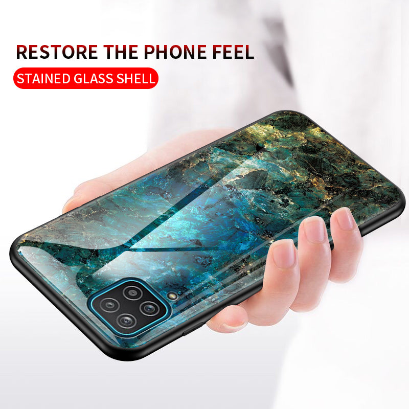 For Samsung Galaxy A12 Tempered Glass + PC + TPU Cell Phone Case Marble Patter Design Scratch Resistant Cover