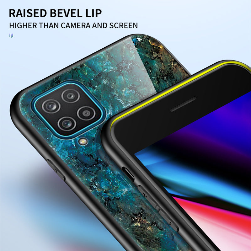 For Samsung Galaxy A12 Tempered Glass + PC + TPU Cell Phone Case Marble Patter Design Scratch Resistant Cover