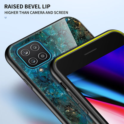 For Samsung Galaxy A12 Tempered Glass + PC + TPU Cell Phone Case Marble Patter Design Scratch Resistant Cover