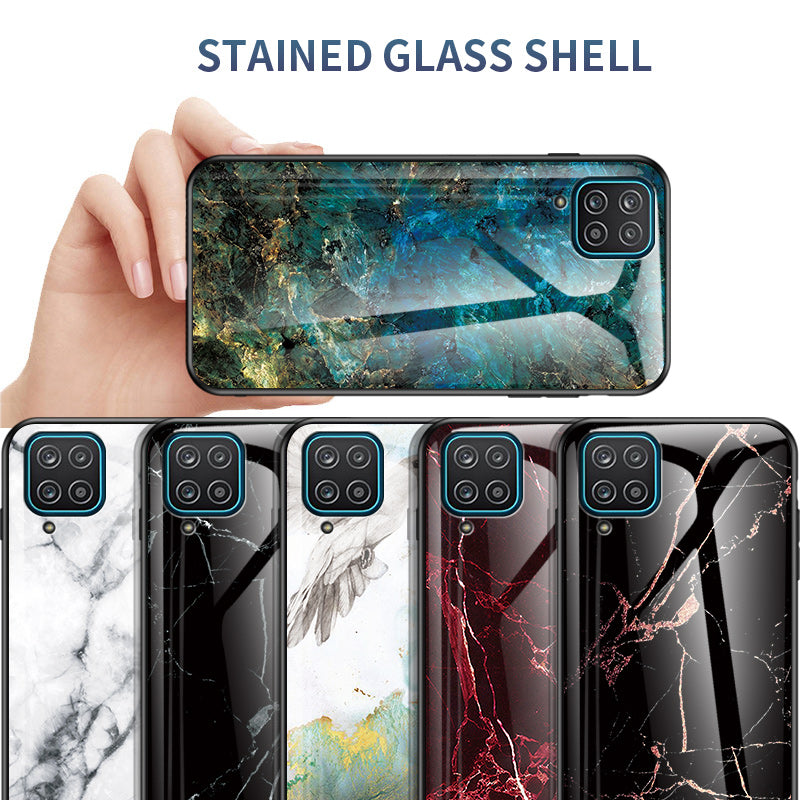 For Samsung Galaxy A12 Tempered Glass + PC + TPU Cell Phone Case Marble Patter Design Scratch Resistant Cover