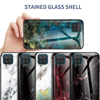 For Samsung Galaxy A12 Tempered Glass + PC + TPU Cell Phone Case Marble Patter Design Scratch Resistant Cover