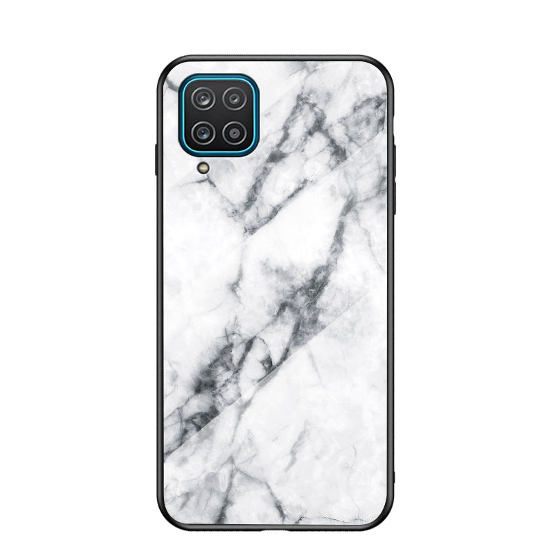For Samsung Galaxy A12 Tempered Glass + PC + TPU Cell Phone Case Marble Patter Design Scratch Resistant Cover