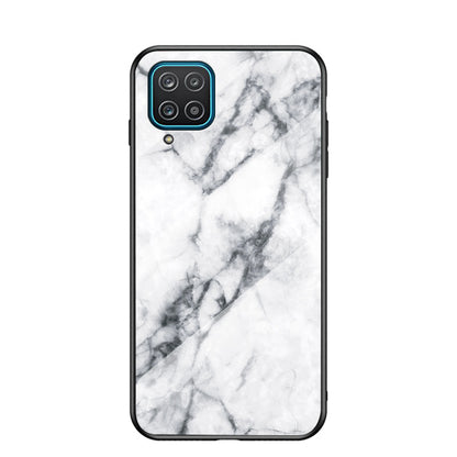 For Samsung Galaxy A12 Tempered Glass + PC + TPU Cell Phone Case Marble Patter Design Scratch Resistant Cover