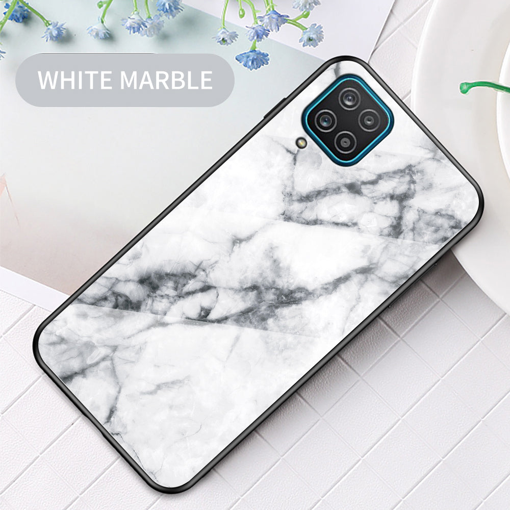 For Samsung Galaxy A12 Tempered Glass + PC + TPU Cell Phone Case Marble Patter Design Scratch Resistant Cover