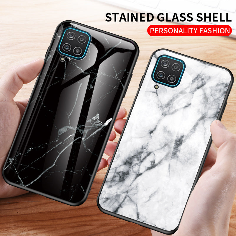 For Samsung Galaxy A12 Tempered Glass + PC + TPU Cell Phone Case Marble Patter Design Scratch Resistant Cover
