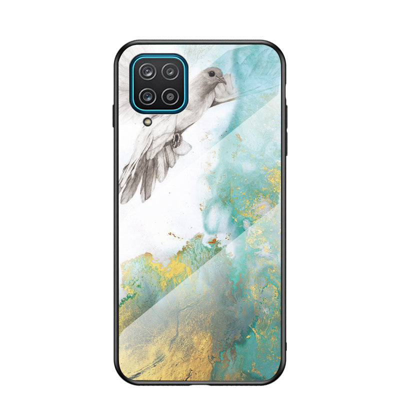 For Samsung Galaxy A12 Tempered Glass + PC + TPU Cell Phone Case Marble Patter Design Scratch Resistant Cover