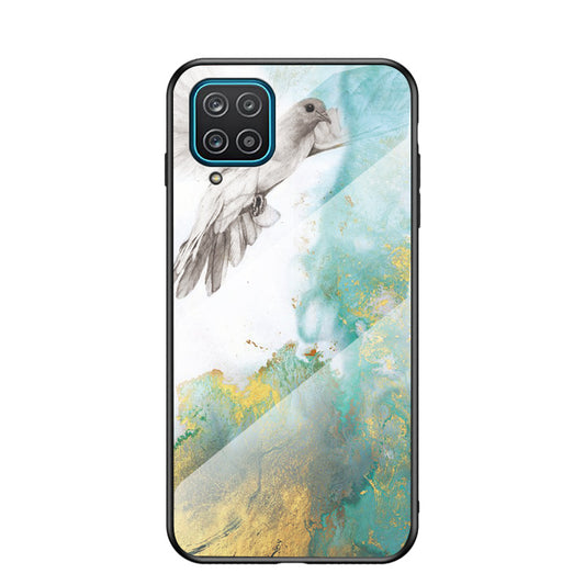 For Samsung Galaxy A12 Tempered Glass + PC + TPU Cell Phone Case Marble Patter Design Scratch Resistant Cover