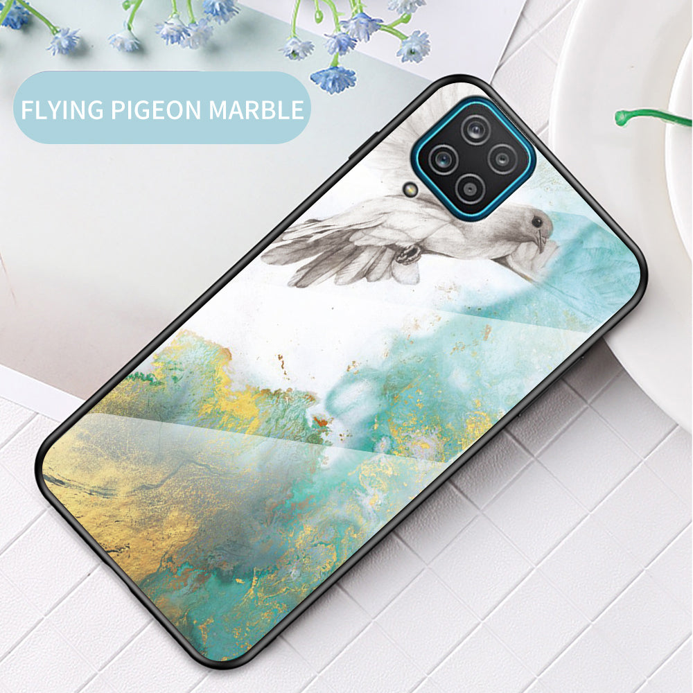 For Samsung Galaxy A12 Tempered Glass + PC + TPU Cell Phone Case Marble Patter Design Scratch Resistant Cover