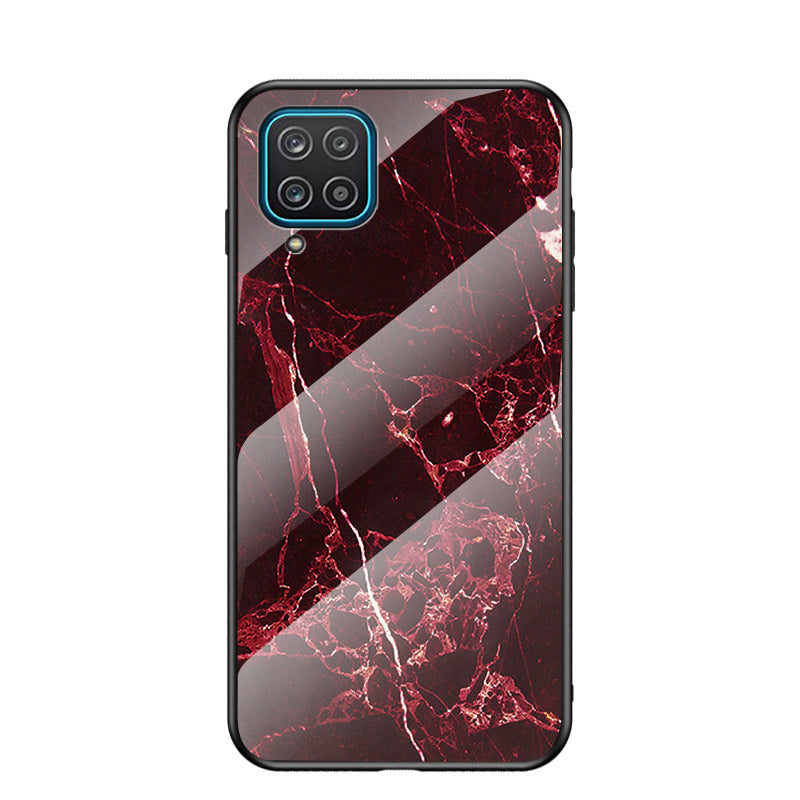 For Samsung Galaxy A12 Tempered Glass + PC + TPU Cell Phone Case Marble Patter Design Scratch Resistant Cover
