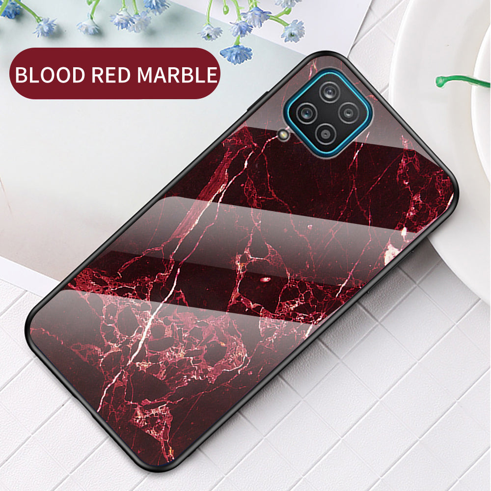 For Samsung Galaxy A12 Tempered Glass + PC + TPU Cell Phone Case Marble Patter Design Scratch Resistant Cover