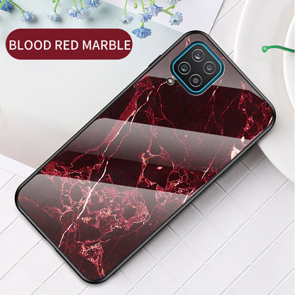 For Samsung Galaxy A12 Tempered Glass + PC + TPU Cell Phone Case Marble Patter Design Scratch Resistant Cover