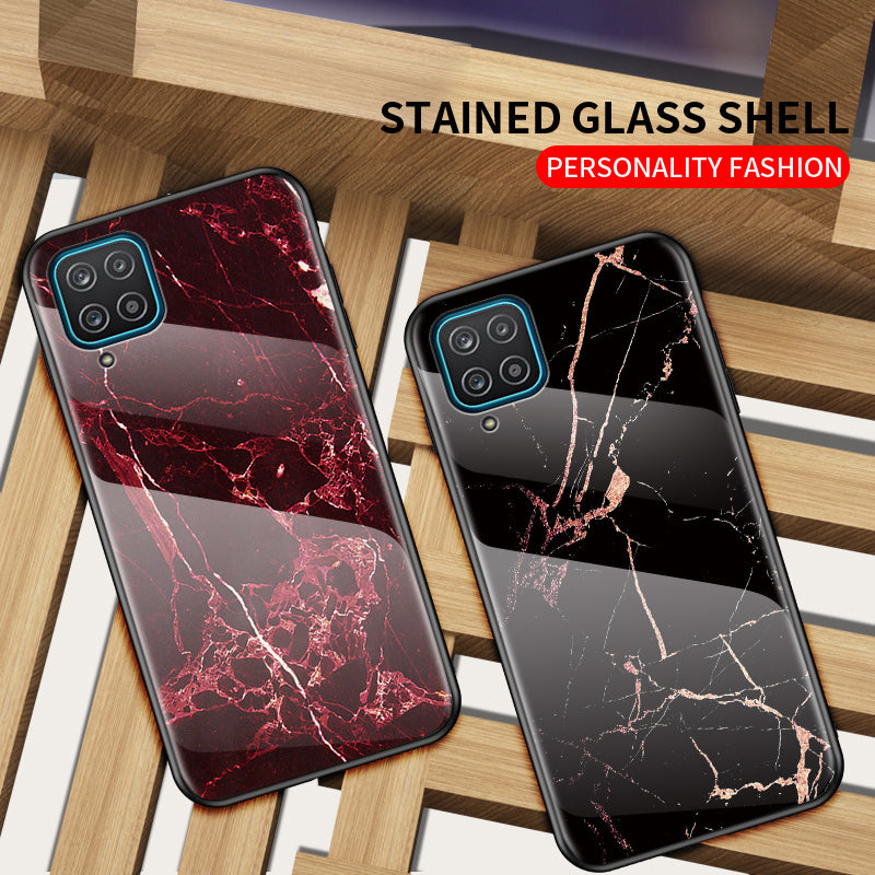 For Samsung Galaxy A12 Tempered Glass + PC + TPU Cell Phone Case Marble Patter Design Scratch Resistant Cover