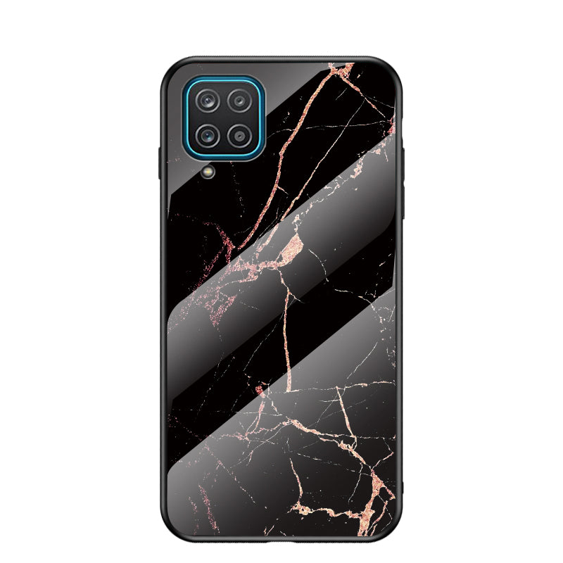 For Samsung Galaxy A12 Tempered Glass + PC + TPU Cell Phone Case Marble Patter Design Scratch Resistant Cover