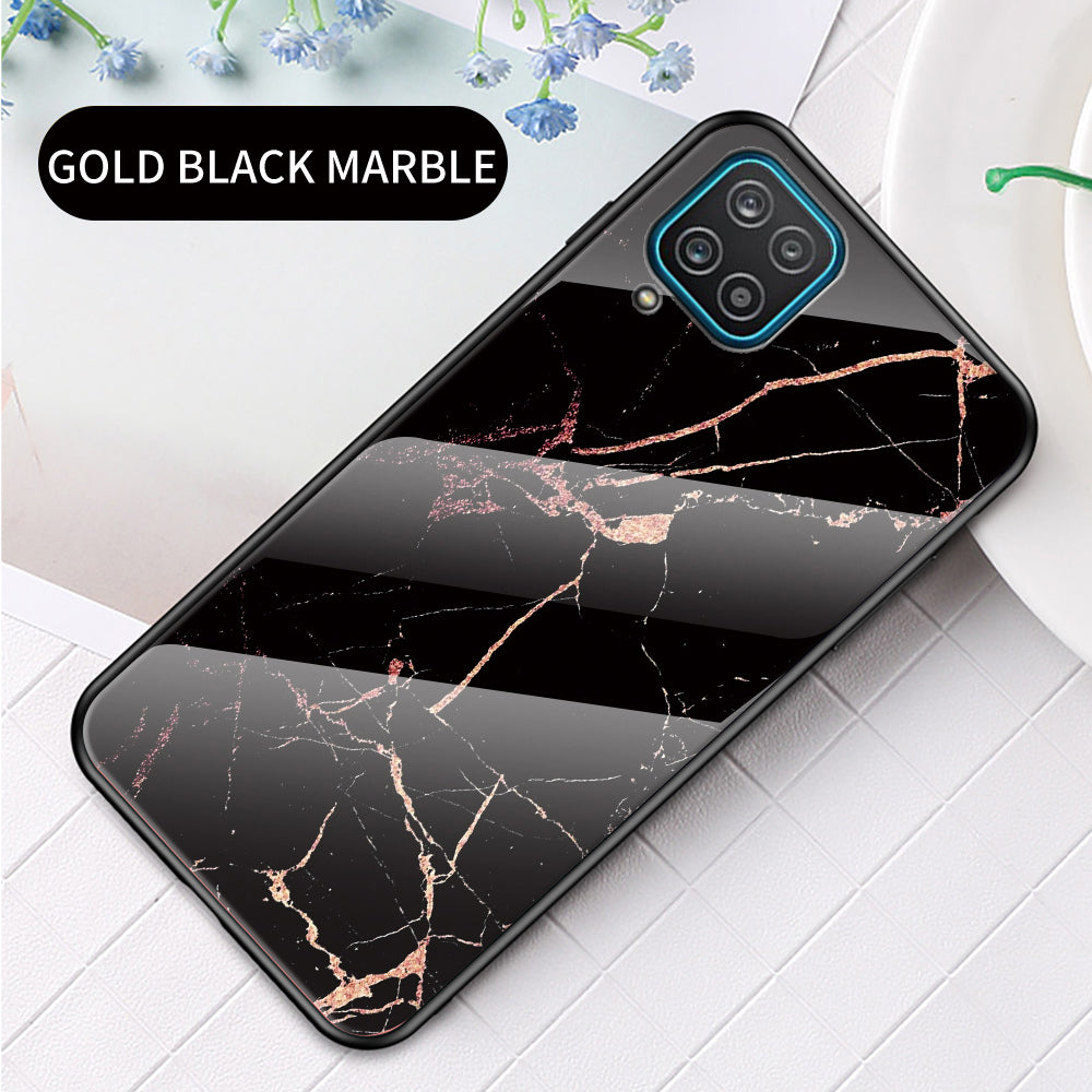 For Samsung Galaxy A12 Tempered Glass + PC + TPU Cell Phone Case Marble Patter Design Scratch Resistant Cover