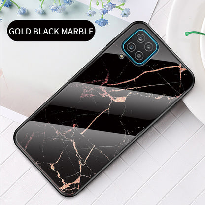 For Samsung Galaxy A12 Tempered Glass + PC + TPU Cell Phone Case Marble Patter Design Scratch Resistant Cover