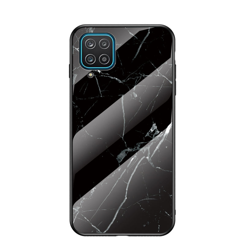 For Samsung Galaxy A12 Tempered Glass + PC + TPU Cell Phone Case Marble Patter Design Scratch Resistant Cover
