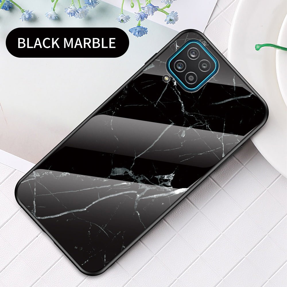 For Samsung Galaxy A12 Tempered Glass + PC + TPU Cell Phone Case Marble Patter Design Scratch Resistant Cover