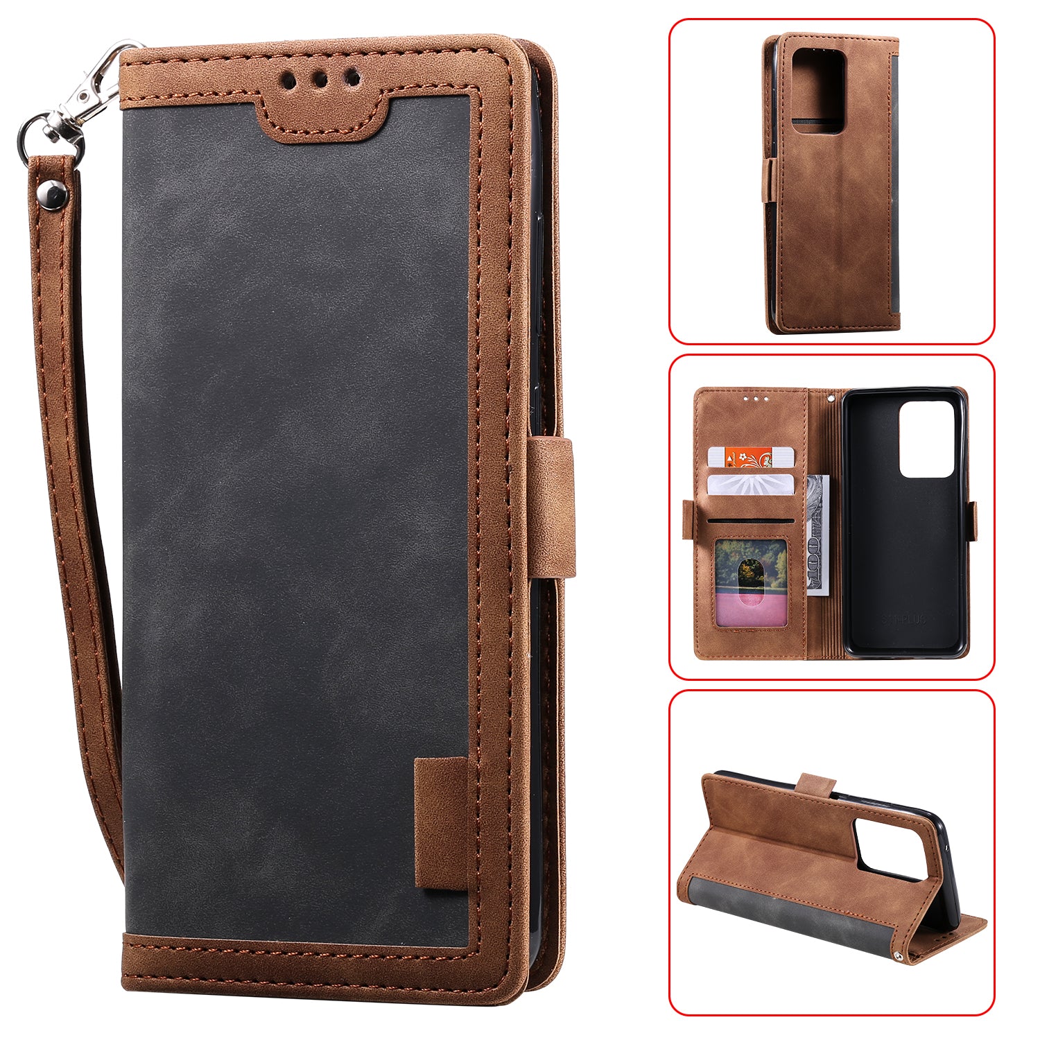 Retro Style Splicing Leather Cover for Samsung Galaxy S21 Ultra 5G Stand Case with Lanyard