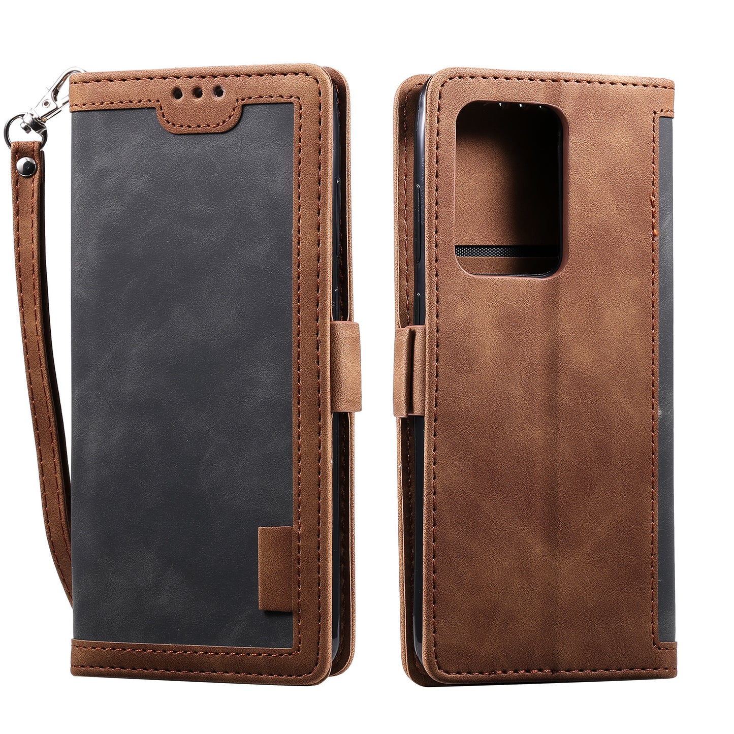 Retro Style Splicing Leather Cover for Samsung Galaxy S21 Ultra 5G Stand Case with Lanyard