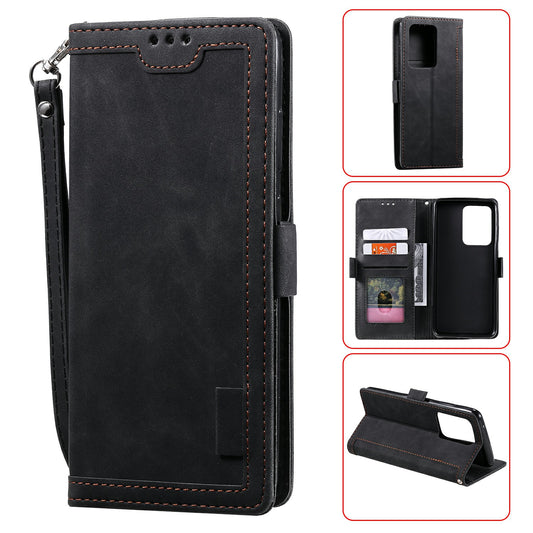 Retro Style Splicing Leather Cover for Samsung Galaxy S21 Ultra 5G Stand Case with Lanyard