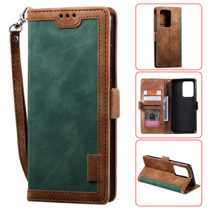 Retro Style Splicing Leather Cover for Samsung Galaxy S21 Ultra 5G Stand Case with Lanyard
