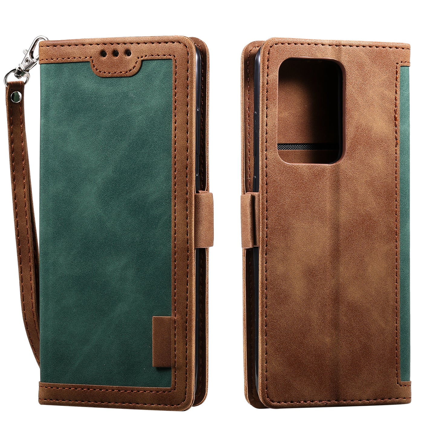 Retro Style Splicing Leather Cover for Samsung Galaxy S21 Ultra 5G Stand Case with Lanyard