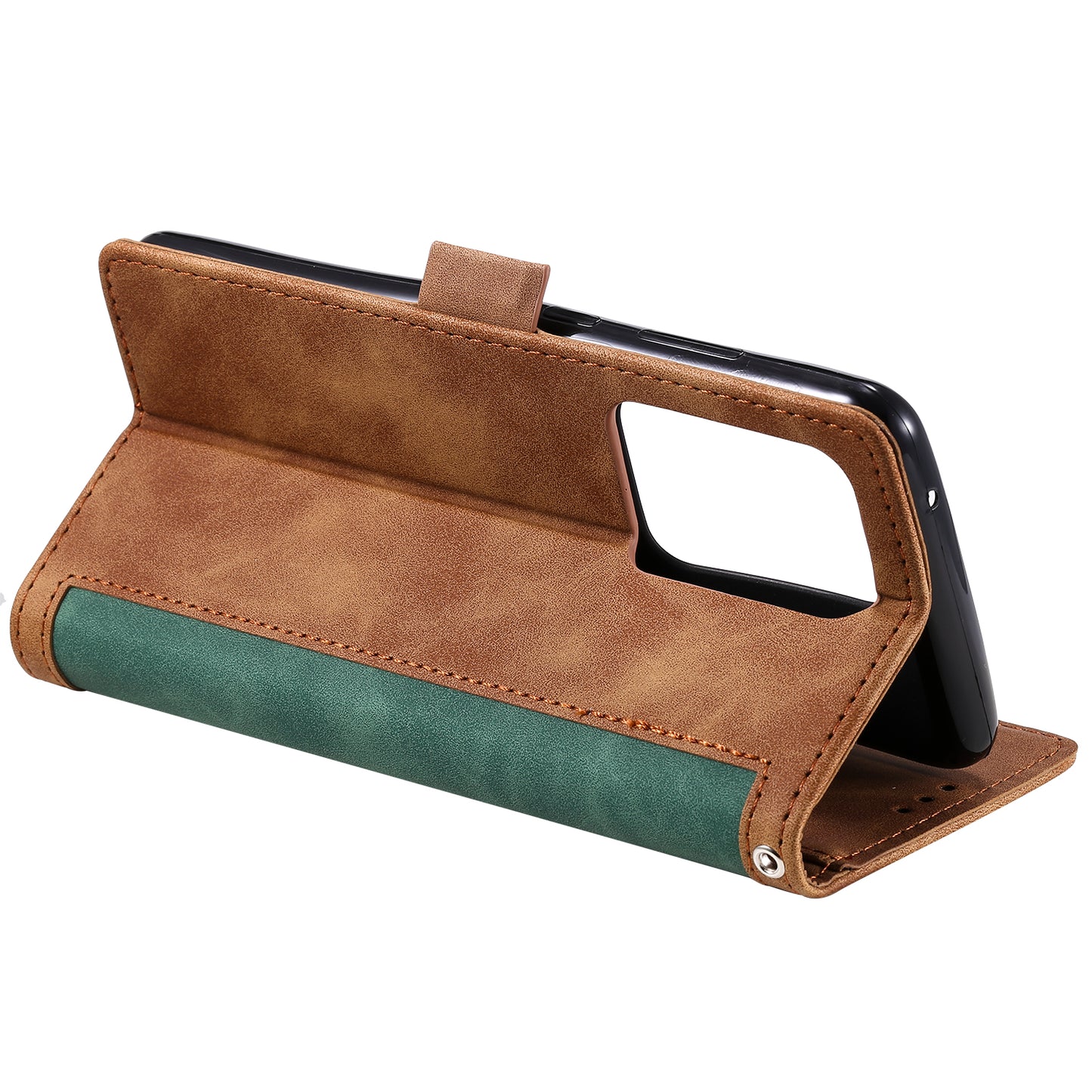 Retro Style Splicing Leather Cover for Samsung Galaxy S21 Ultra 5G Stand Case with Lanyard