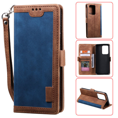 Retro Style Splicing Leather Cover for Samsung Galaxy S21 Ultra 5G Stand Case with Lanyard