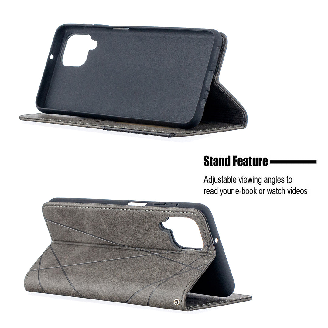 For Samsung Galaxy A12 Geometric Pattern Leather Stand Case Card Holder Shell