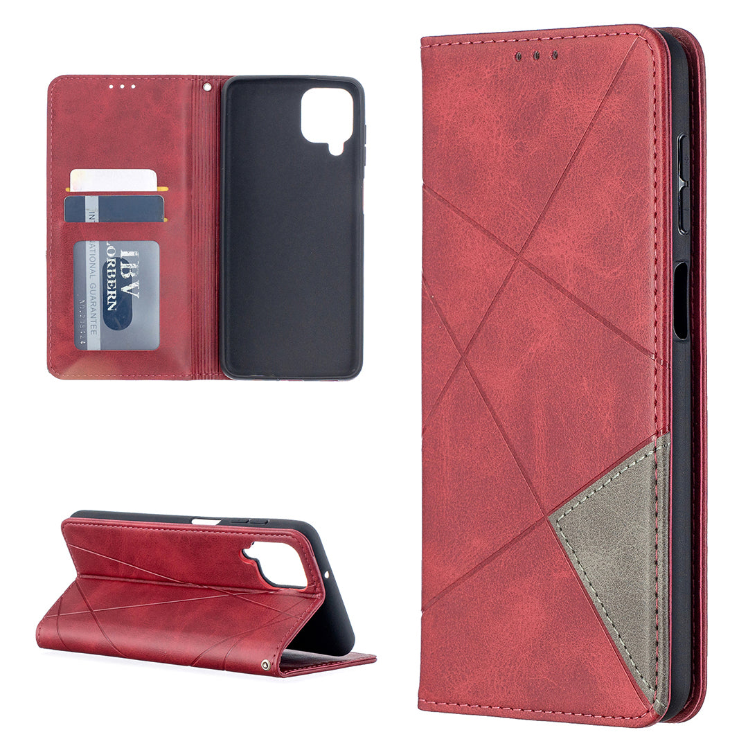 For Samsung Galaxy A12 Geometric Pattern Leather Stand Case Card Holder Shell