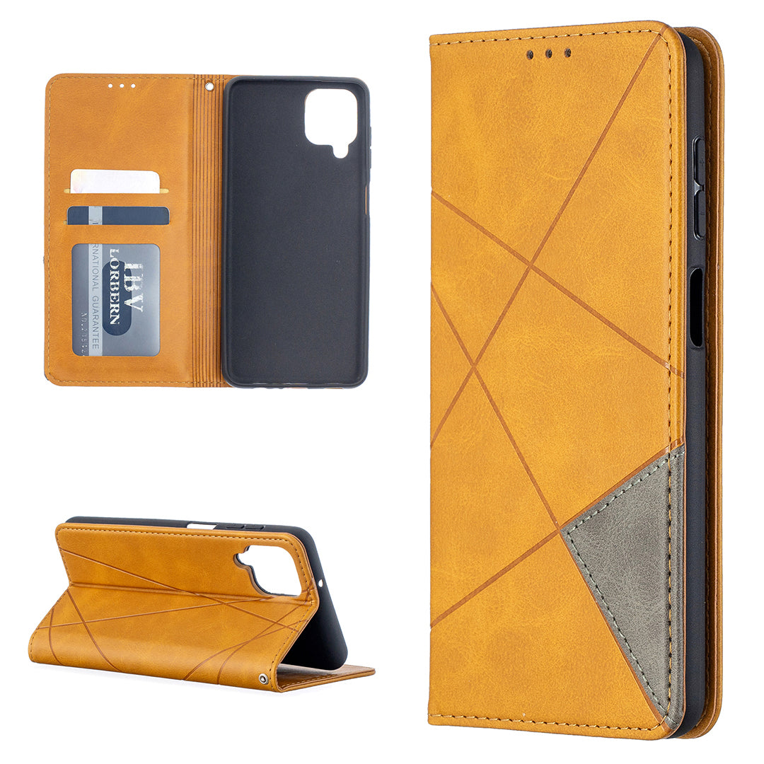 For Samsung Galaxy A12 Geometric Pattern Leather Stand Case Card Holder Shell