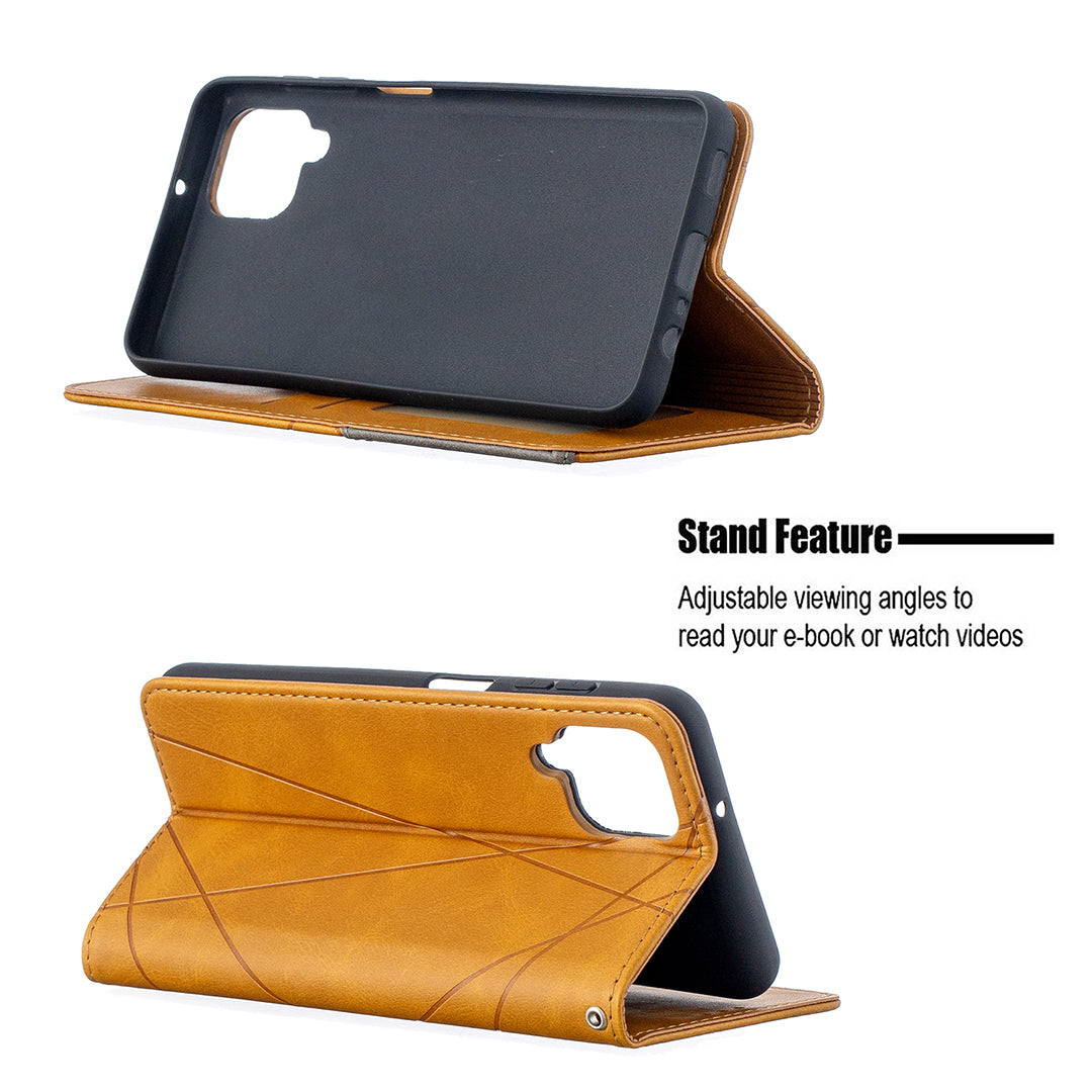 For Samsung Galaxy A12 Geometric Pattern Leather Stand Case Card Holder Shell