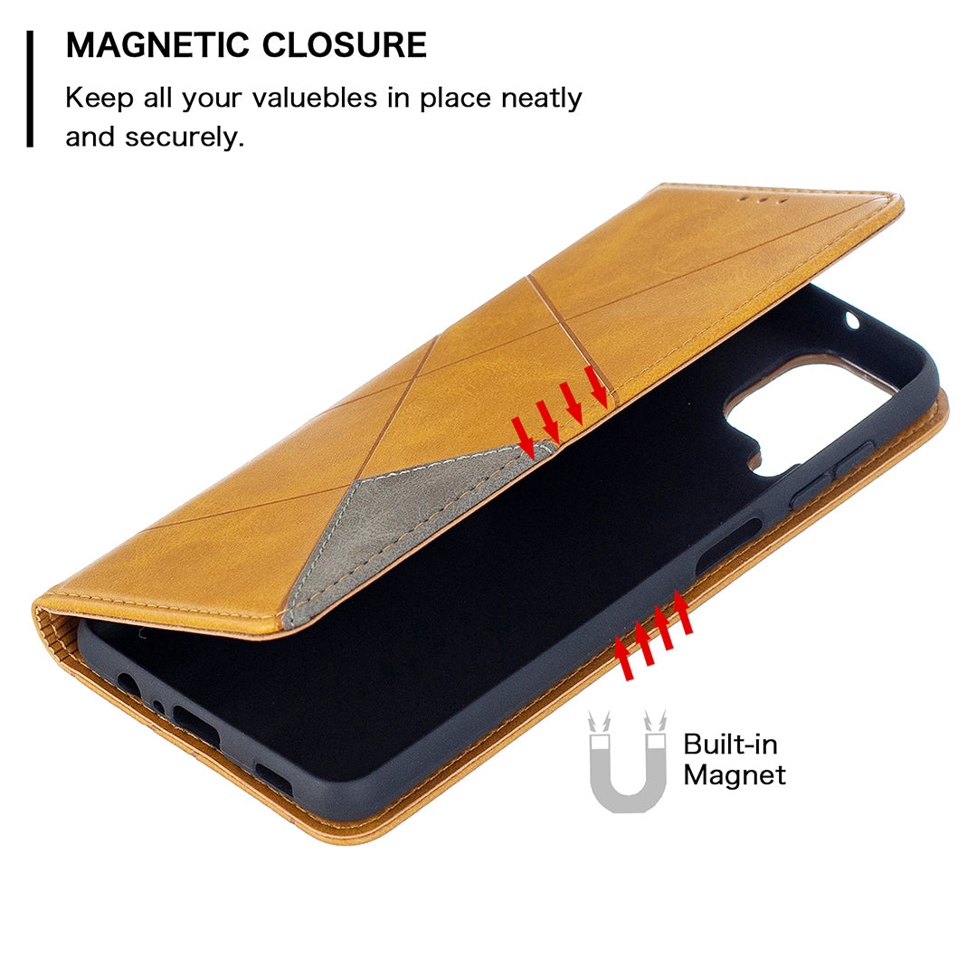 For Samsung Galaxy A12 Geometric Pattern Leather Stand Case Card Holder Shell