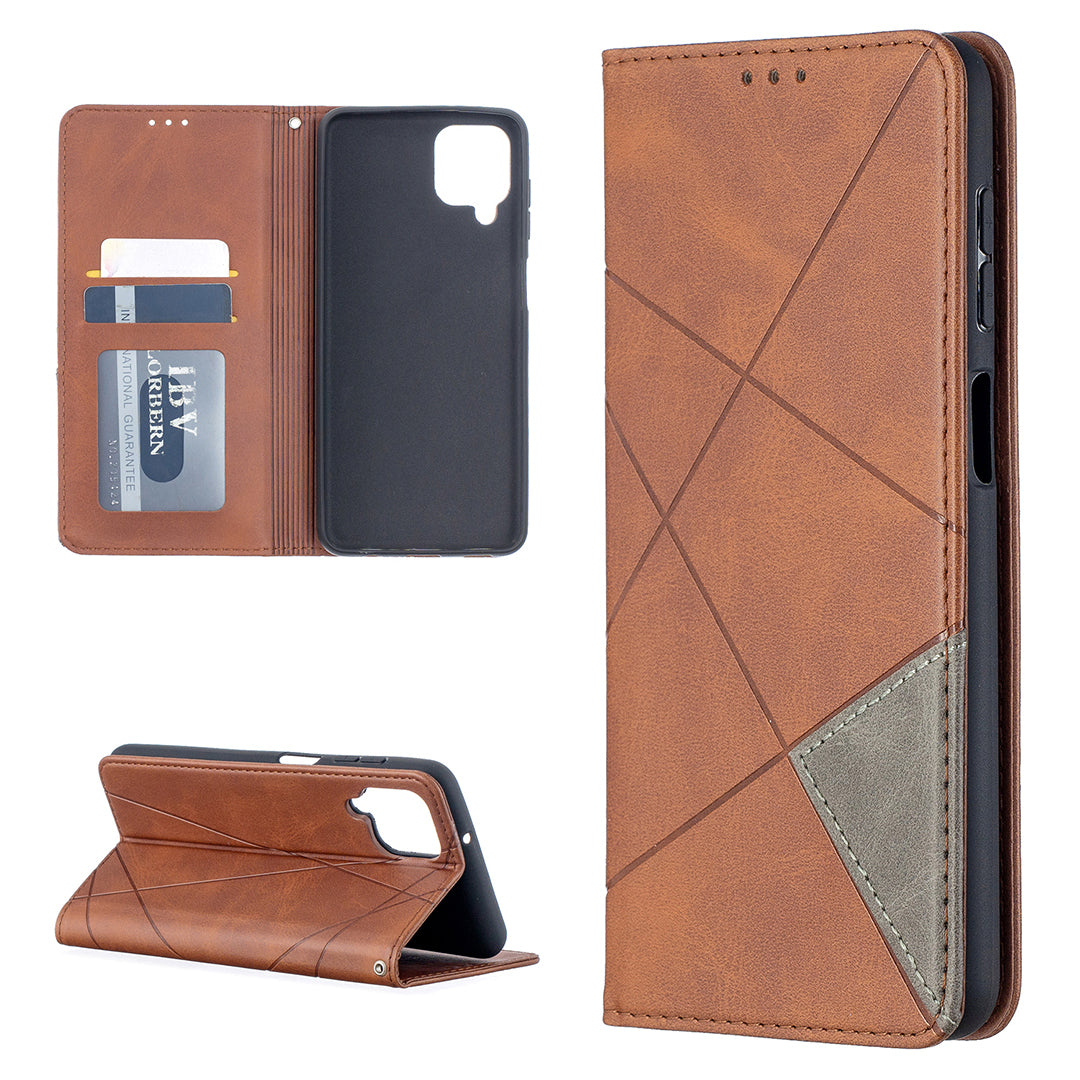 For Samsung Galaxy A12 Geometric Pattern Leather Stand Case Card Holder Shell