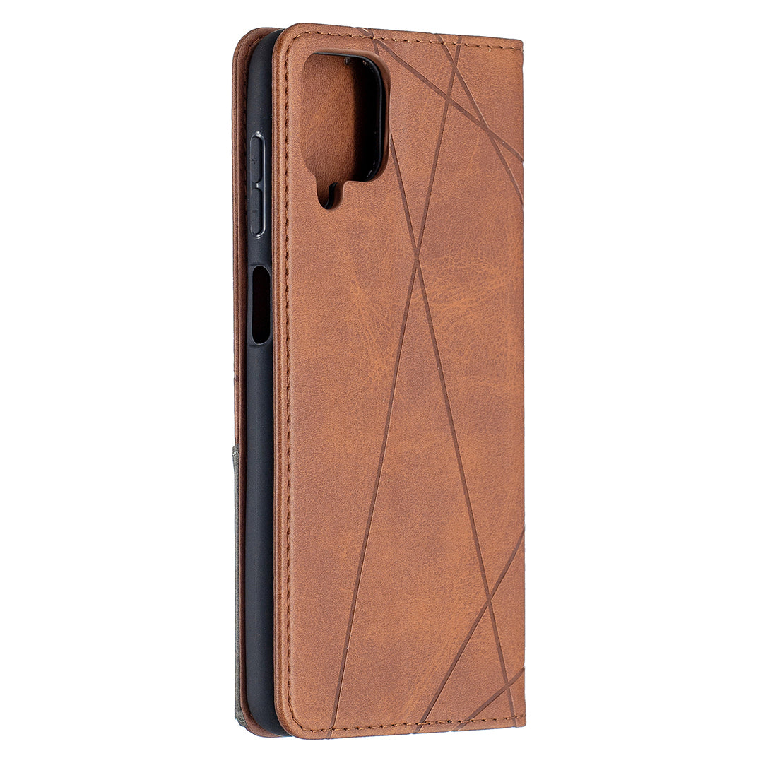 For Samsung Galaxy A12 Geometric Pattern Leather Stand Case Card Holder Shell