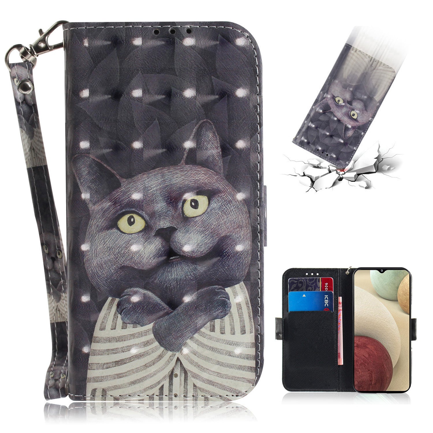 For Samsung Galaxy A12 Leather Case Magnetic Closure Wallet Case with Stand and Strap Pattern Printed Flip Cover