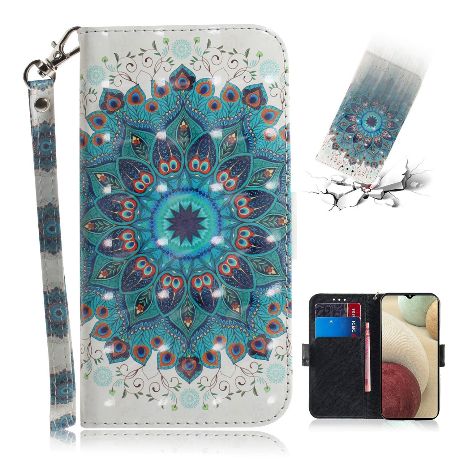 For Samsung Galaxy A12 Leather Case Magnetic Closure Wallet Case with Stand and Strap Pattern Printed Flip Cover