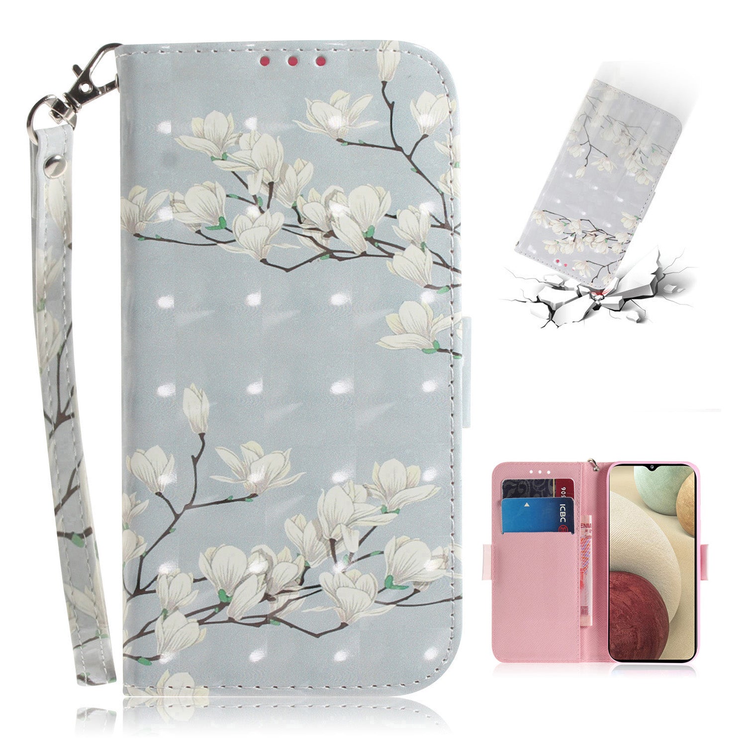 For Samsung Galaxy A12 Leather Case Magnetic Closure Wallet Case with Stand and Strap Pattern Printed Flip Cover