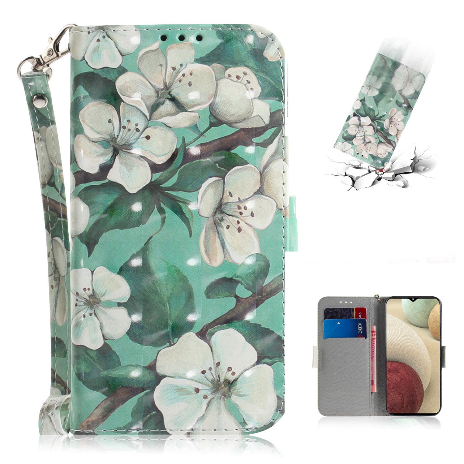 For Samsung Galaxy A12 Leather Case Magnetic Closure Wallet Case with Stand and Strap Pattern Printed Flip Cover