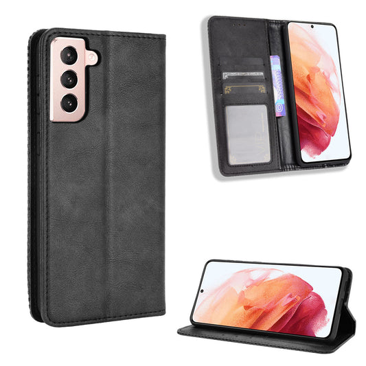 Retro Style Auto-absorbed Wallet Stand TPU + PU Leather Phone Case for Samsung Galaxy S21 4G/5G