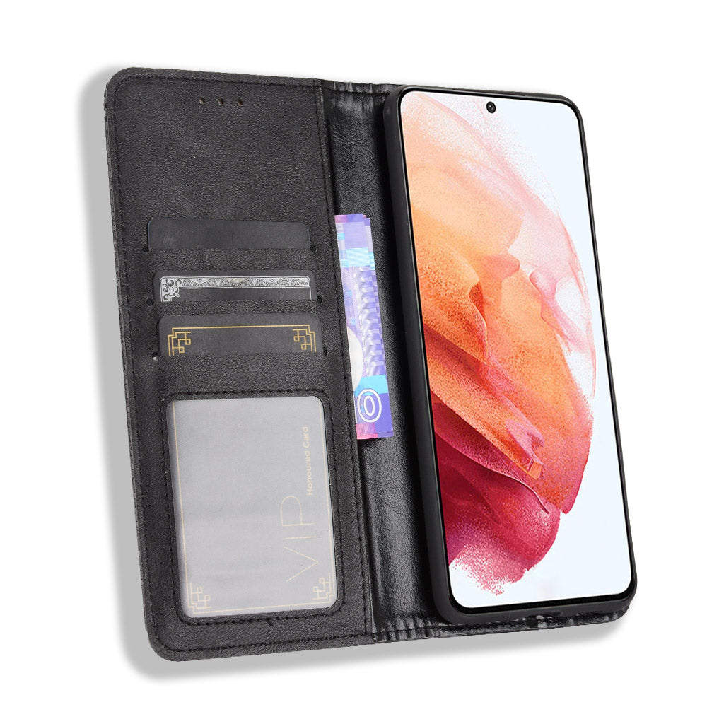 Retro Style Auto-absorbed Wallet Stand TPU + PU Leather Phone Case for Samsung Galaxy S21 4G/5G