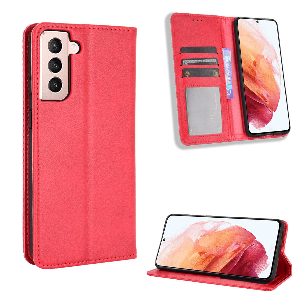 Retro Style Auto-absorbed Wallet Stand TPU + PU Leather Phone Case for Samsung Galaxy S21 4G/5G