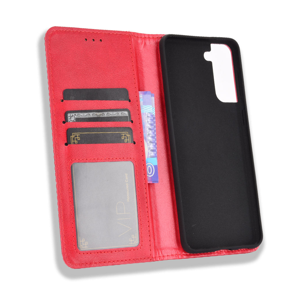 Retro Style Auto-absorbed Wallet Stand TPU + PU Leather Phone Case for Samsung Galaxy S21 4G/5G