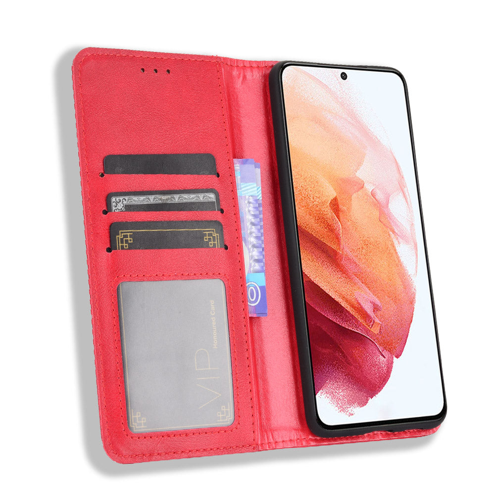 Retro Style Auto-absorbed Wallet Stand TPU + PU Leather Phone Case for Samsung Galaxy S21 4G/5G