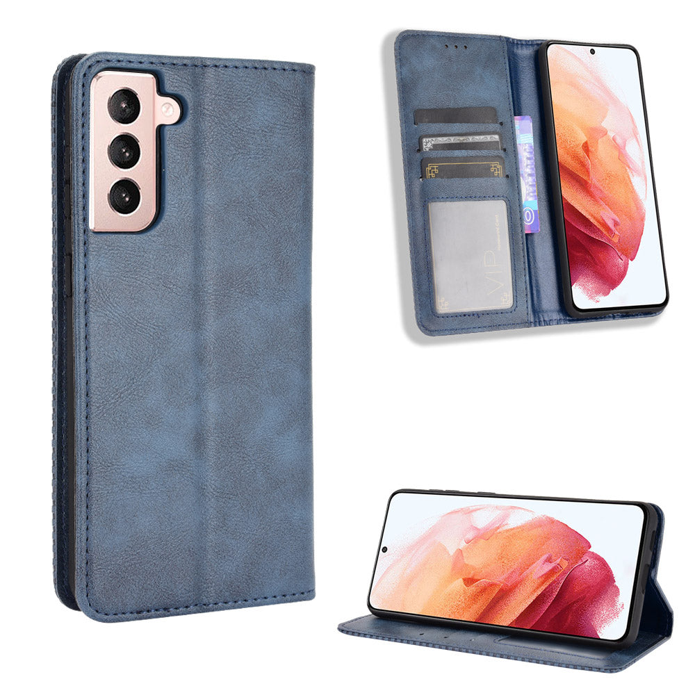 Retro Style Auto-absorbed Wallet Stand TPU + PU Leather Phone Case for Samsung Galaxy S21 4G/5G